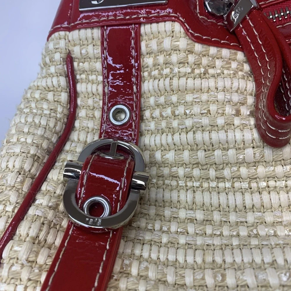 Rafe New York Handbag Rattan Straw With Red Pantent Trim Dust Bag
